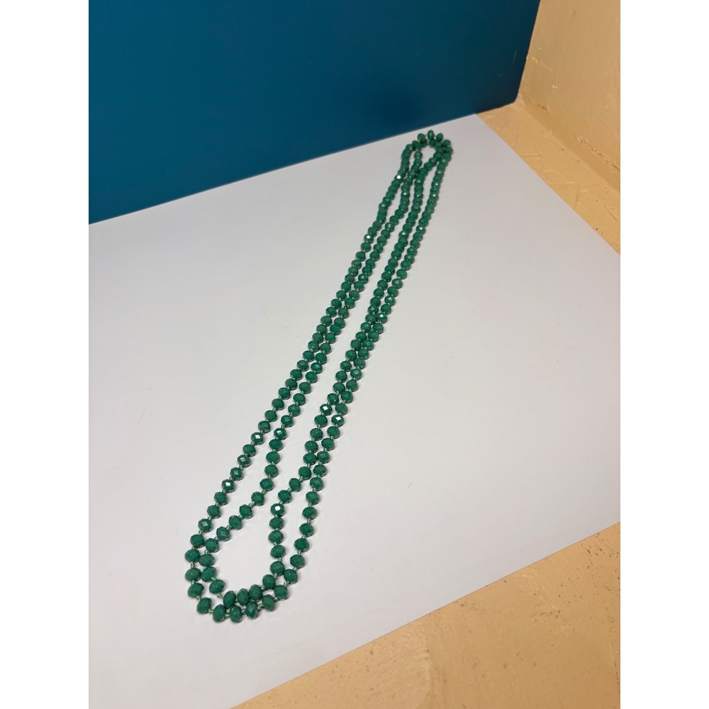 Vintage Green Faceted Glass Bead‎ Knotted Long Rope Necklace 34 Inch